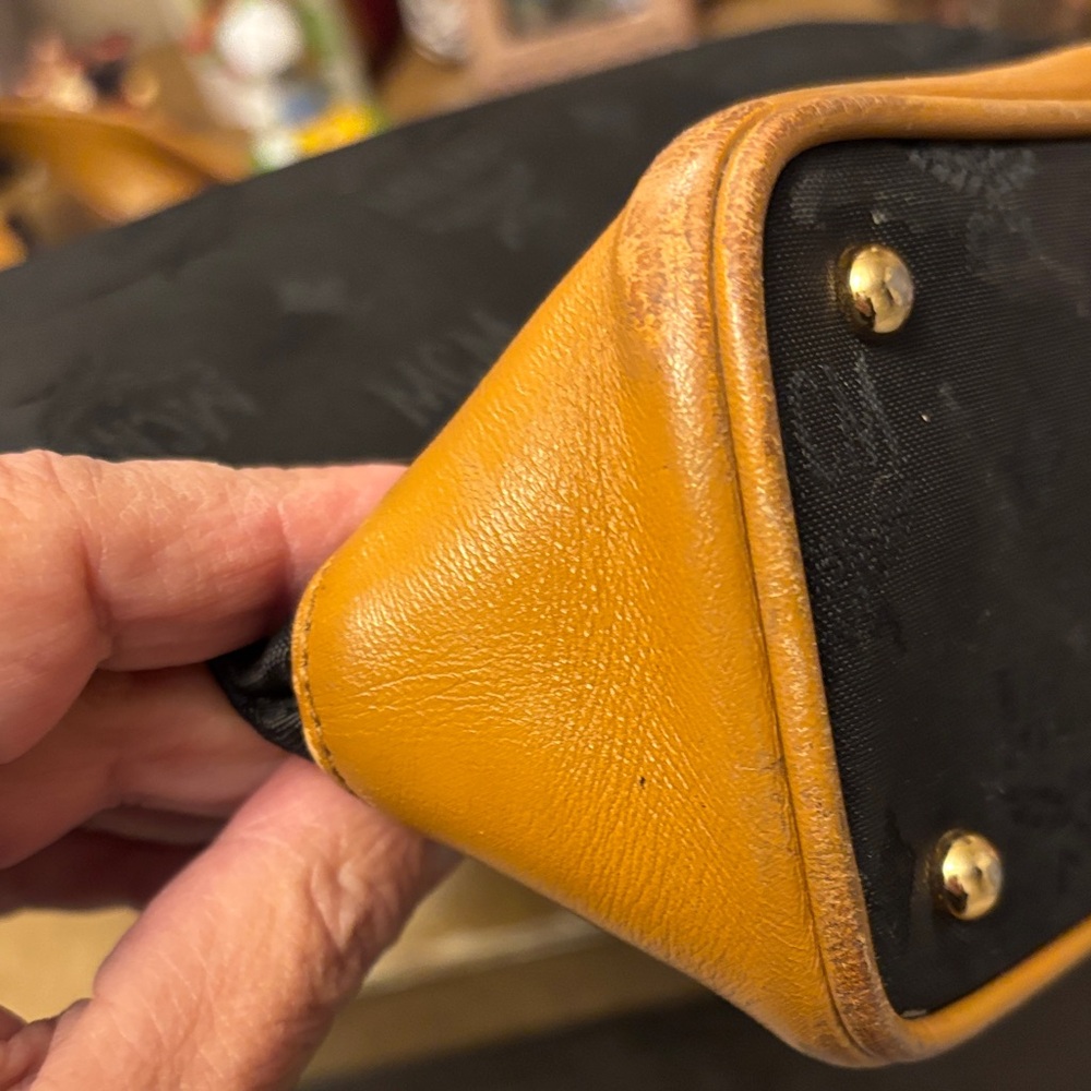 MCM Black Canvas Tote with Cognac Trim and Gold Plaque - Picture 13 of 16